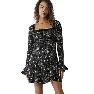 Free People Black Floral Mini Dress Tess Long Sleeve XS NWT